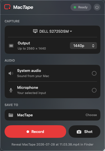 The MacTape menu bar window: a display picked for capture, 1440p output, system audio and microphone toggles, a save folder, and Record and Shot buttons.